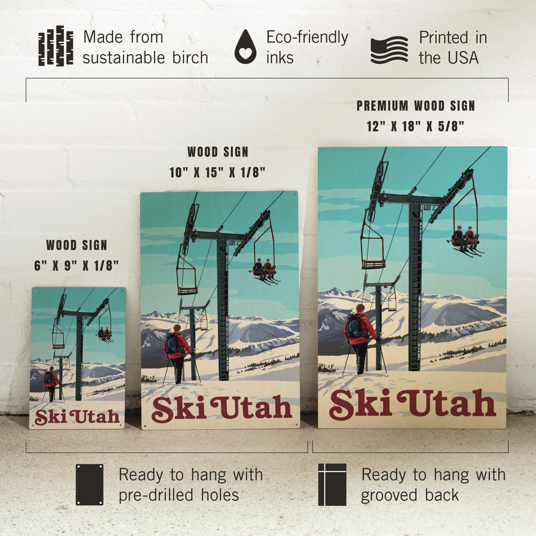 Ski Utah, Ski Lift Day Scene, Lantern Press Artwork, Wood Signs and Postcards Wood Lantern Press