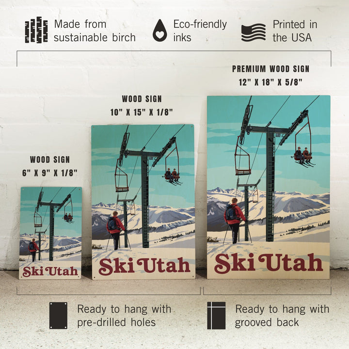 Ski Utah, Ski Lift Day Scene, Lantern Press Artwork, Wood Signs and Postcards Wood Lantern Press