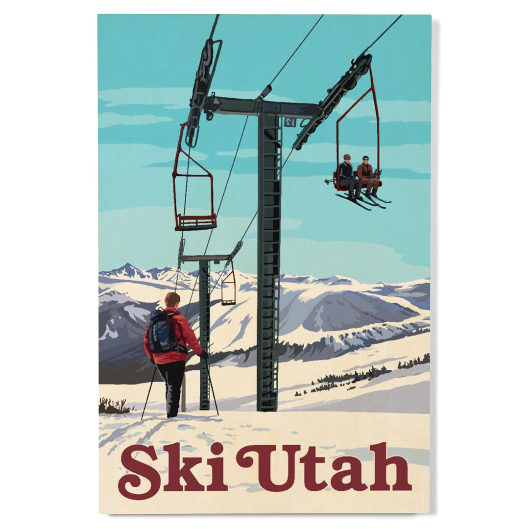 Ski Utah, Ski Lift Day Scene, Lantern Press Artwork, Wood Signs and Postcards Wood Lantern Press