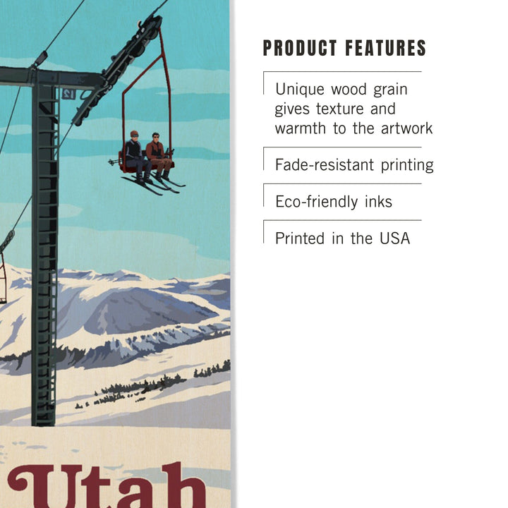 Ski Utah, Ski Lift Day Scene, Lantern Press Artwork, Wood Signs and Postcards Wood Lantern Press