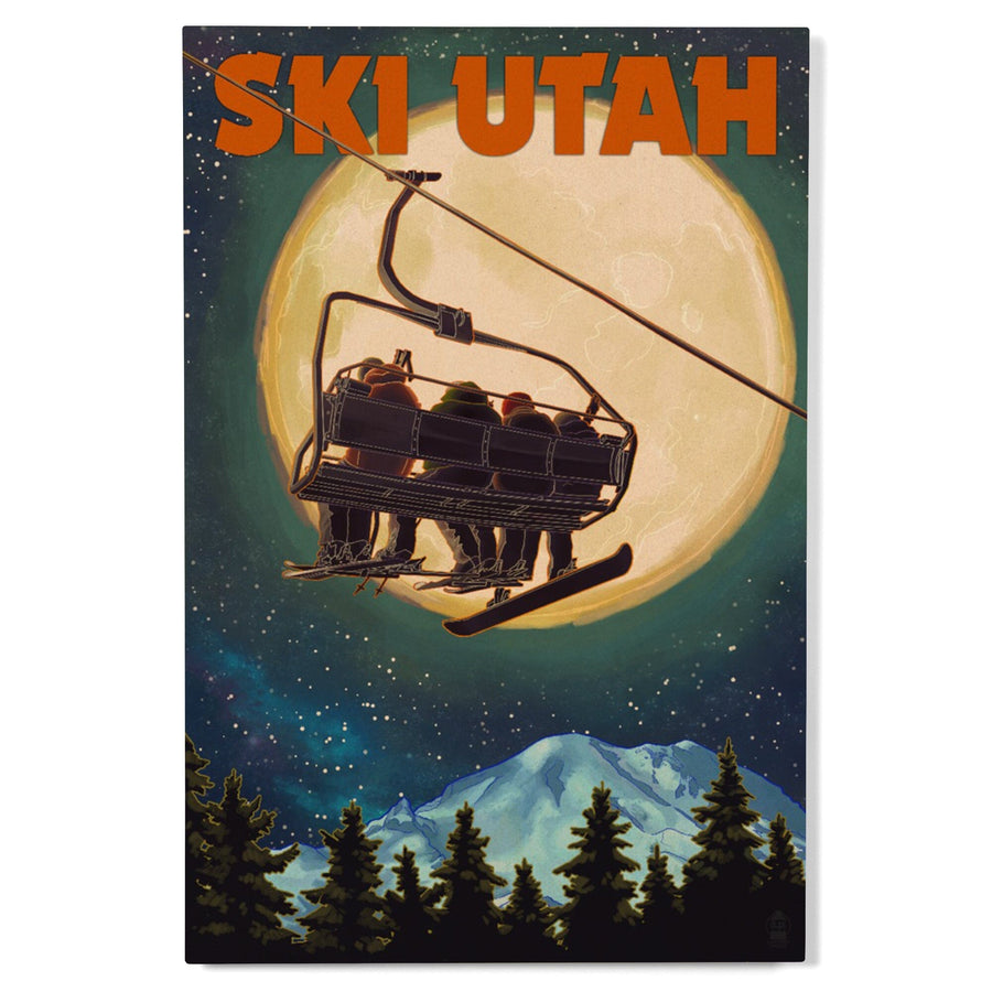 Ski Utah, Ski Lift & Full Moon, Lantern Press Artwork, Wood Signs and Postcards Wood Lantern Press