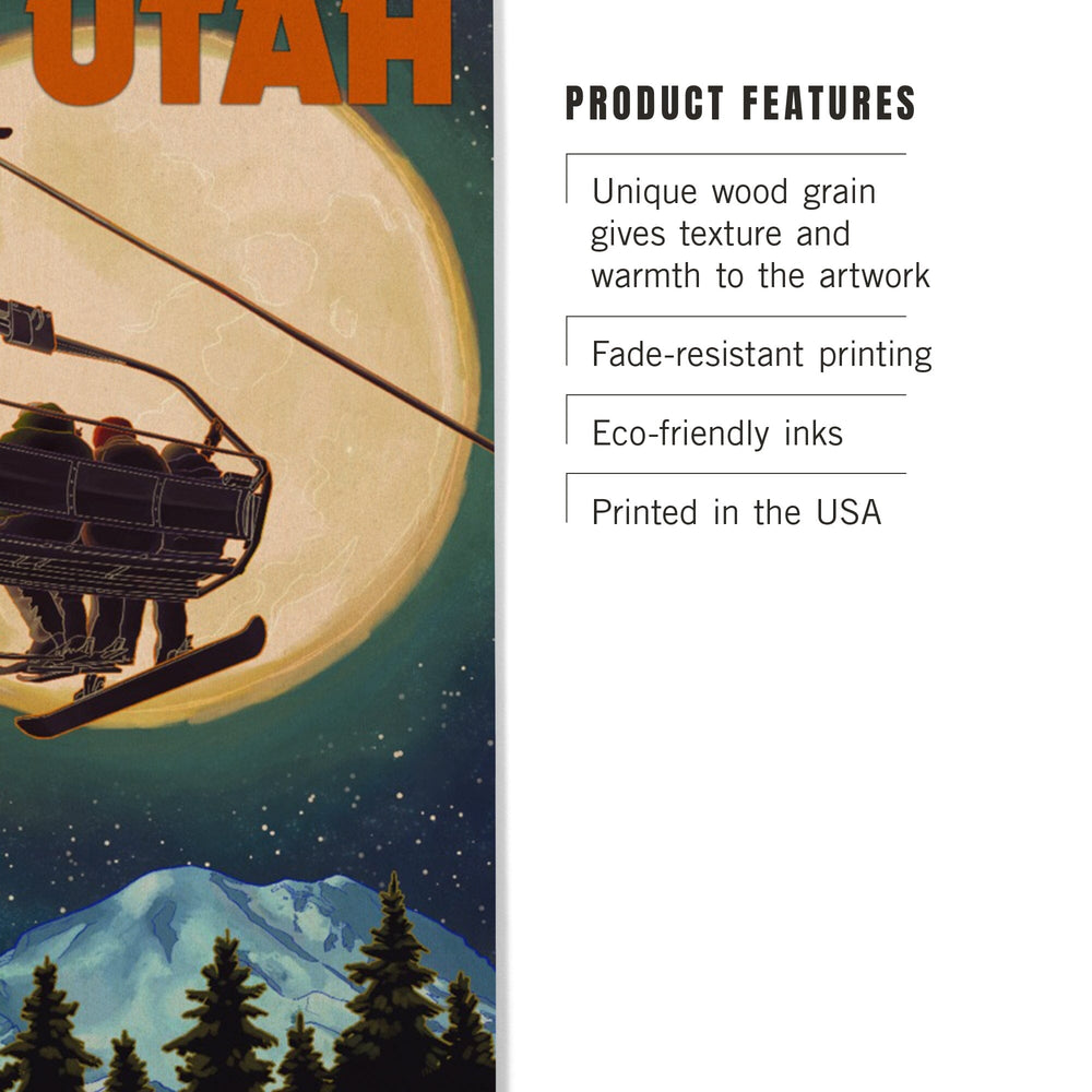 Ski Utah, Ski Lift & Full Moon, Lantern Press Artwork, Wood Signs and Postcards Wood Lantern Press
