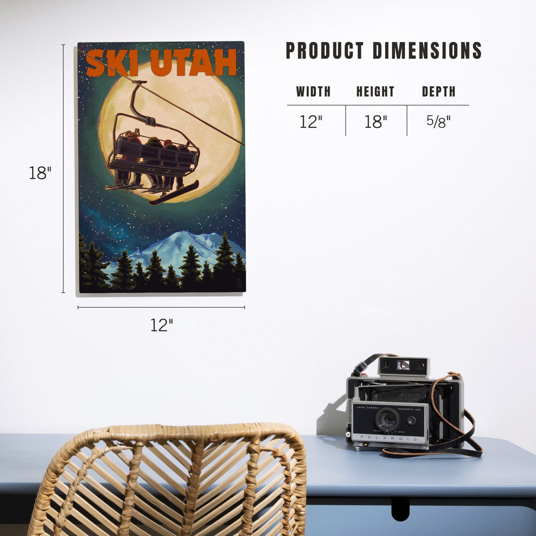 Ski Utah, Ski Lift & Full Moon, Lantern Press Artwork, Wood Signs and Postcards Wood Lantern Press