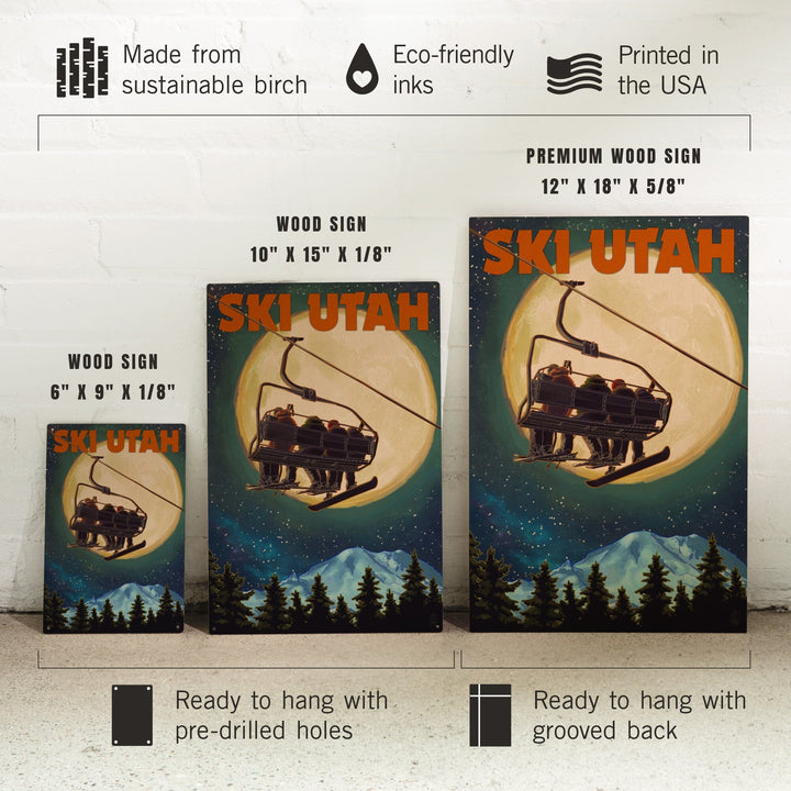 Ski Utah, Ski Lift & Full Moon, Lantern Press Artwork, Wood Signs and Postcards Wood Lantern Press