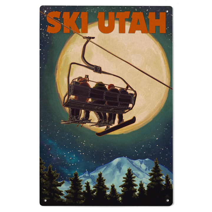 Ski Utah, Ski Lift & Full Moon, Lantern Press Artwork, Wood Signs and Postcards Wood Lantern Press
