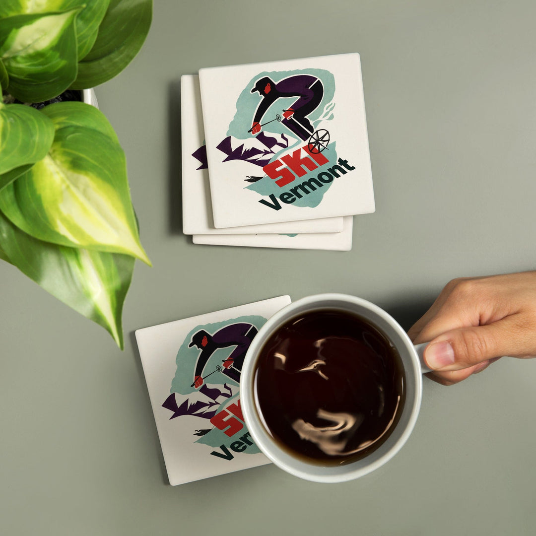 Ski Vermont, Retro Skier, Coasters Coasters Lantern Press