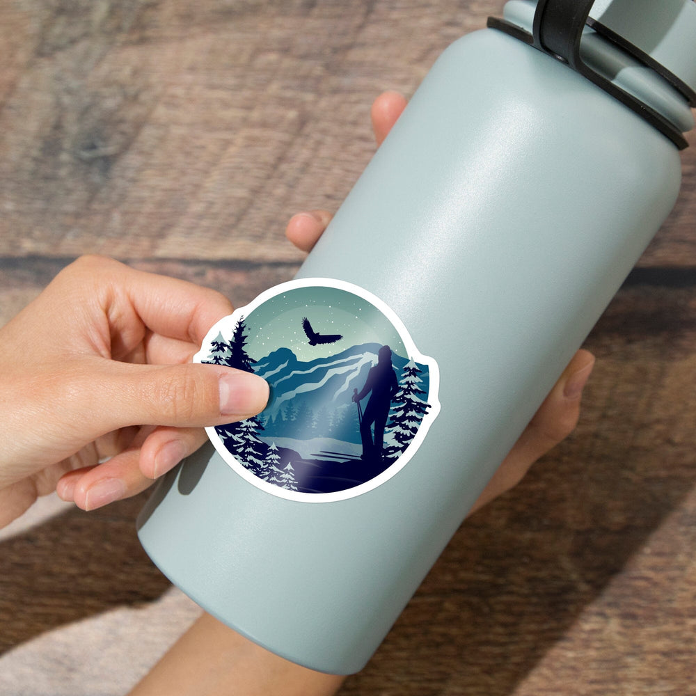Skier & Mountain, Contour, Lantern Press Artwork, Vinyl Sticker Sticker Lantern Press