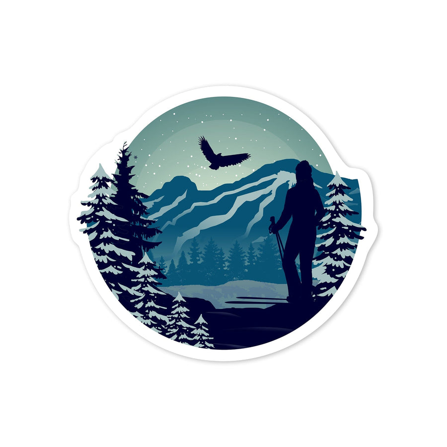 Skier & Mountain, Contour, Lantern Press Artwork, Vinyl Sticker Sticker Lantern Press