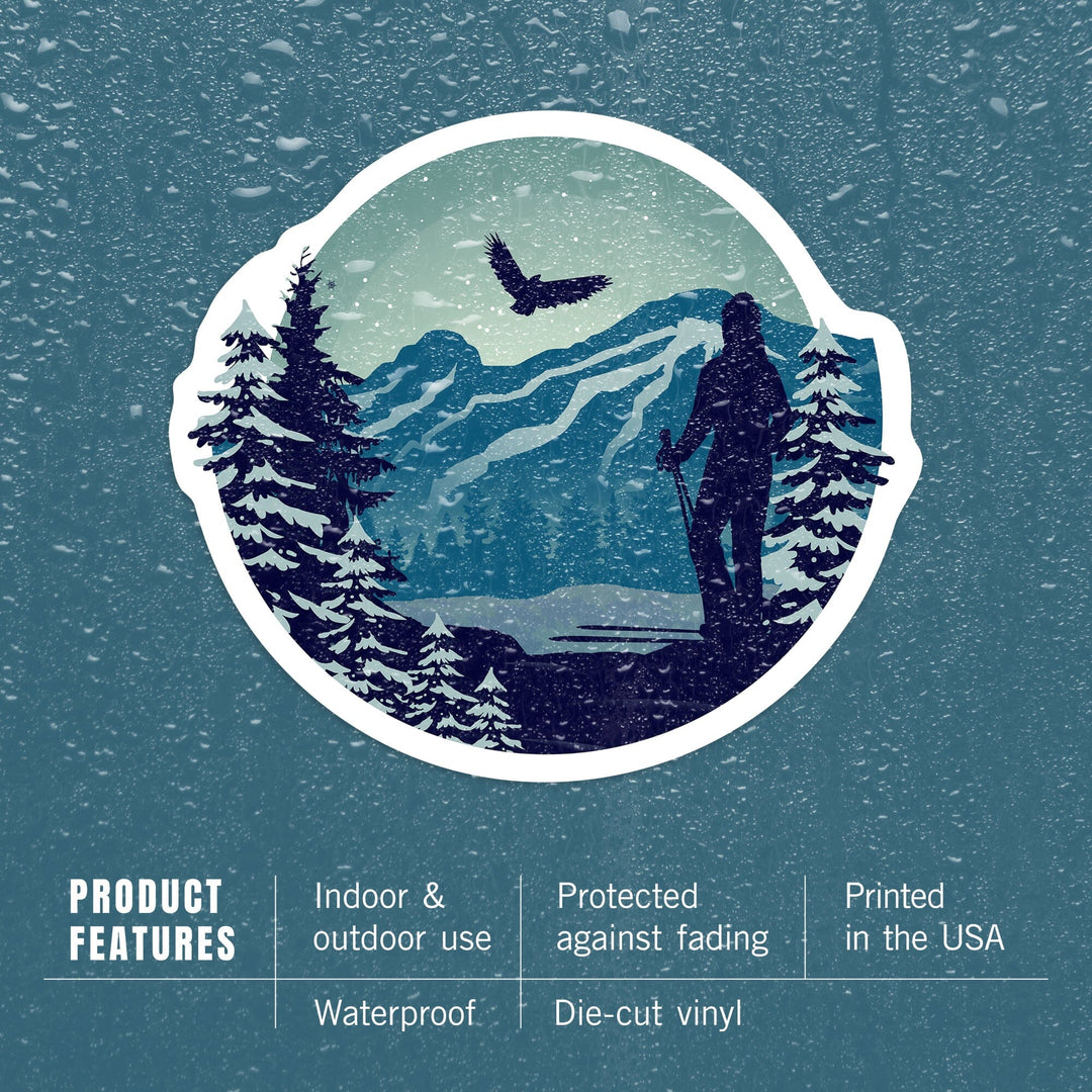 Skier & Mountain, Contour, Lantern Press Artwork, Vinyl Sticker Sticker Lantern Press