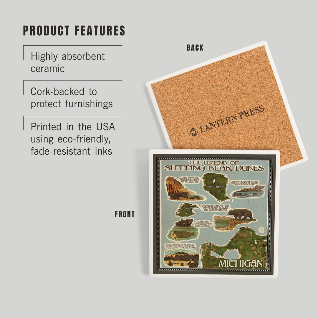 Sleeping Bear Dunes, Michigan, Legend Map, Coasters Coasters Lantern Press