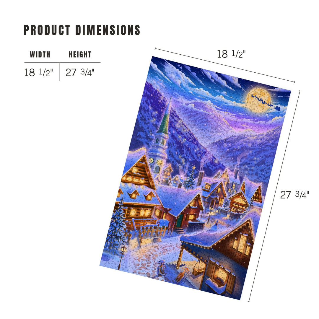 Sleepy Winter Village, Santa Flying Over Mountain, Jigsaw Puzzle Puzzle Lantern Press