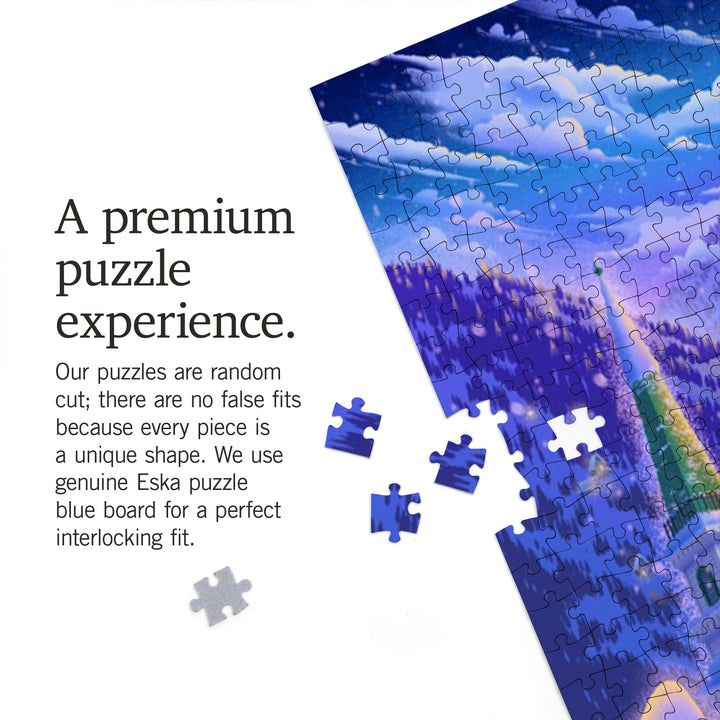 Sleepy Winter Village, Santa Flying Over Mountain, Jigsaw Puzzle Puzzle Lantern Press