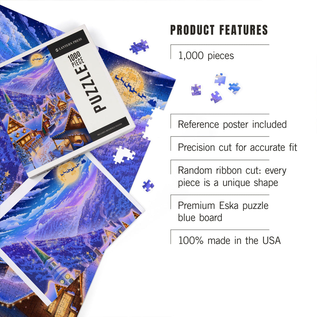 Sleepy Winter Village, Santa Flying Over Mountain, Jigsaw Puzzle Puzzle Lantern Press