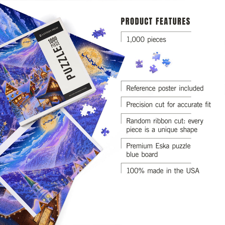 Sleepy Winter Village, Santa Flying Over Mountain, Jigsaw Puzzle Puzzle Lantern Press