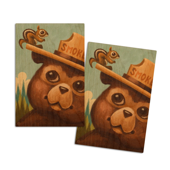 Smokey Bear and Squirrel, Lantern Press Artwork, Wood Signs and Postcards Wood Lantern Press 4x6 Wood Postcard Set