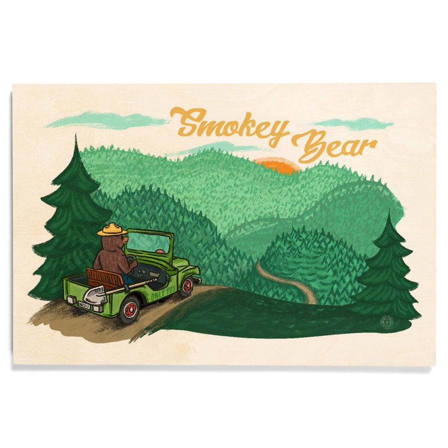 Smokey Bear Driving, Lantern Press Artwork, Wood Signs and Postcards Wood Lantern Press