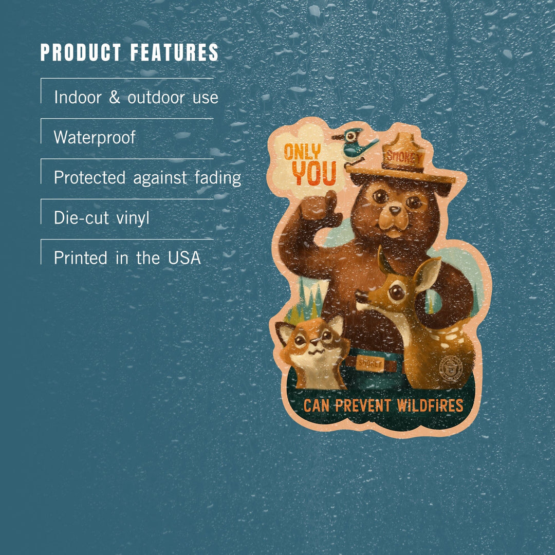 Smokey Bear & Friends, Only You Can Prevent Wildfires, Contour, Lantern Press Artwork, Vinyl Sticker Sticker Lantern Press