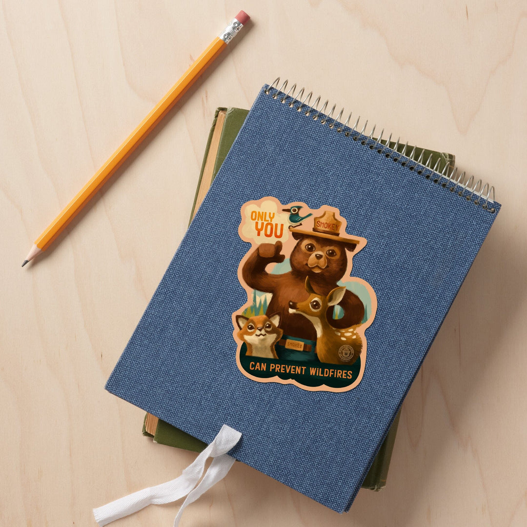 Smokey Bear & Friends, Only You Can Prevent Wildfires, Contour, Lantern Press Artwork, Vinyl Sticker Sticker Lantern Press