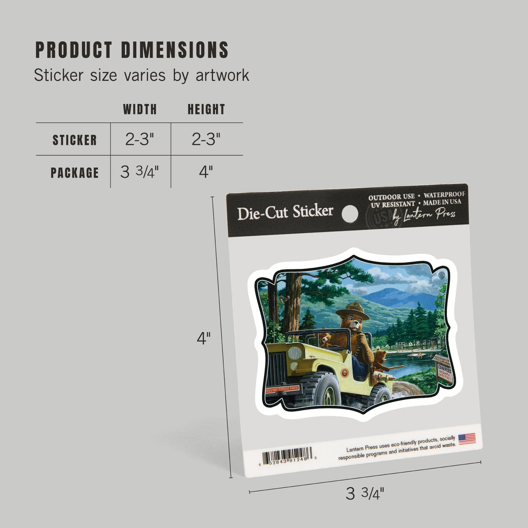 Smokey Bear, Leaving in SUV, Contour, Vintage Poster, Vinyl Sticker Sticker Lantern Press
