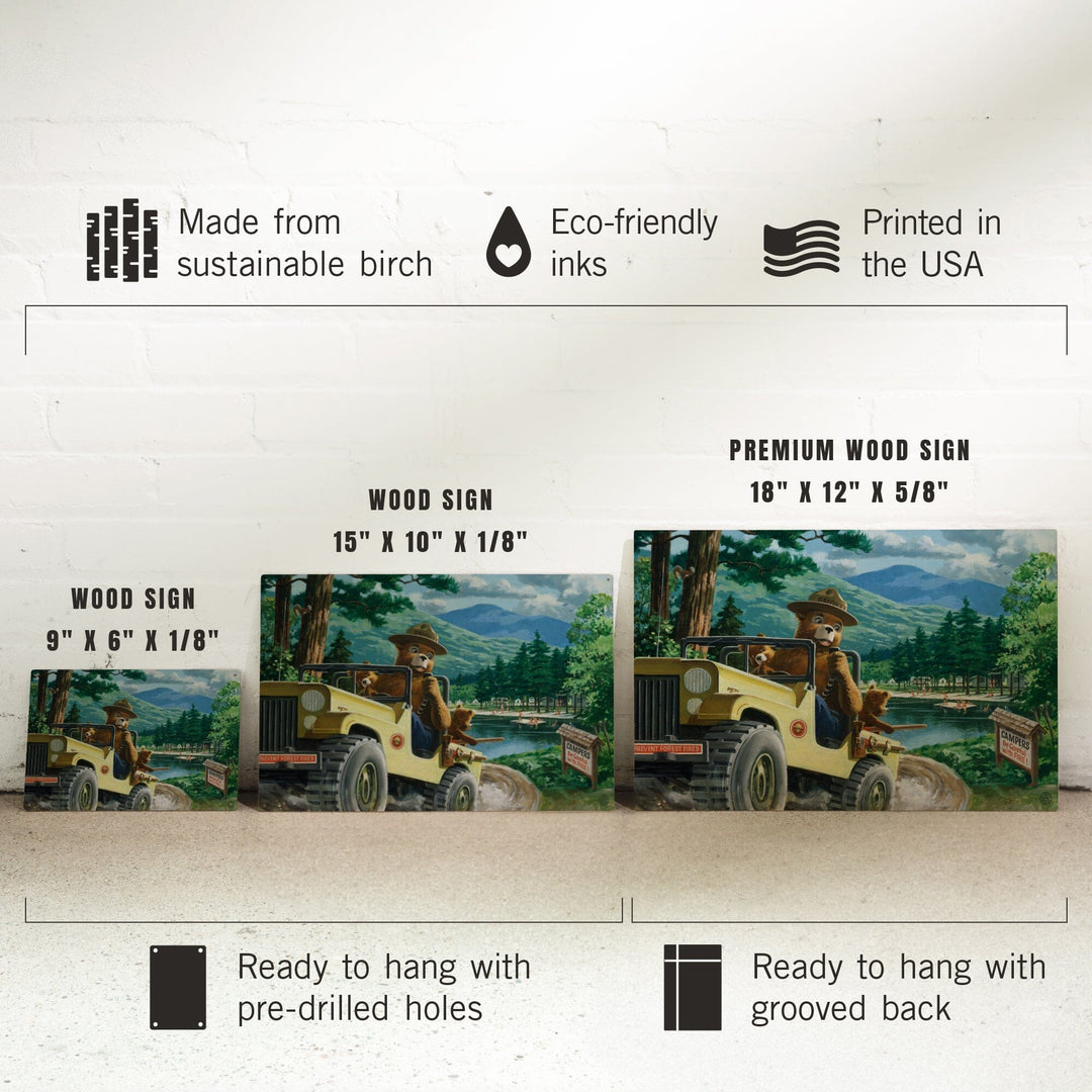 Smokey Bear, Leaving in SUV, Vintage Poster, Wood Signs and Postcards Wood Lantern Press