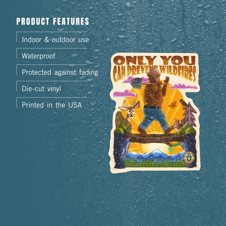 Smokey Bear on Log Bridge, Only You, Mid-Century Inspired, Contour, Lantern Press Artwork, Vinyl Sticker Sticker Lantern Press
