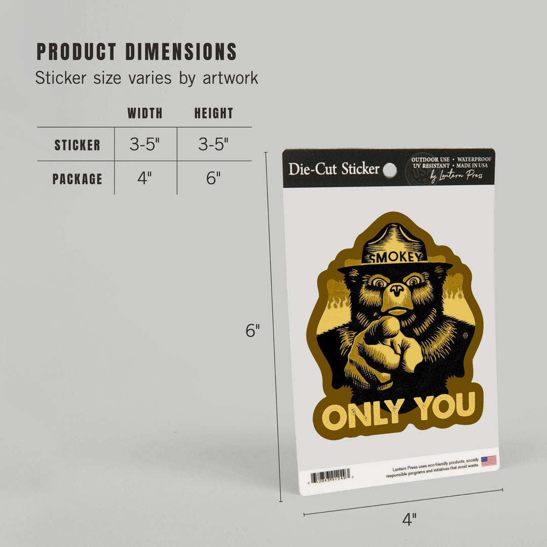 Smokey Bear, Only You, Halftone Yellow, Contour, Vinyl Sticker Sticker Lantern Press
