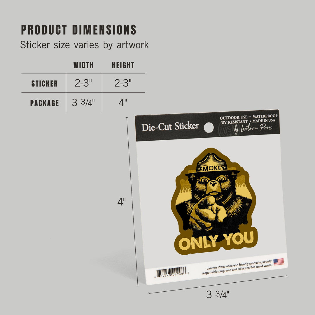 Smokey Bear, Only You, Halftone Yellow, Contour, Vinyl Sticker Sticker Lantern Press