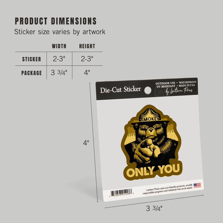 Smokey Bear, Only You, Halftone Yellow, Contour, Vinyl Sticker Sticker Lantern Press