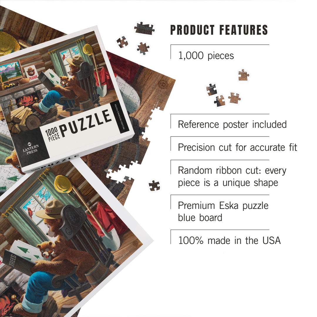 Smokey Bear, Reading Book to Cubs, Officially Licensed Vintage Poster, Jigsaw Puzzle Puzzle Lantern Press