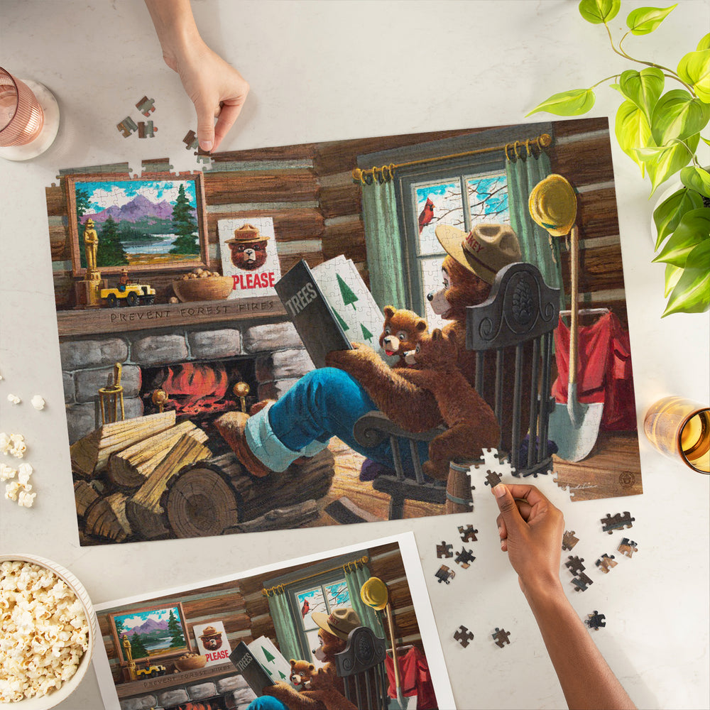 Smokey Bear, Reading Book to Cubs, Officially Licensed Vintage Poster, Jigsaw Puzzle Puzzle Lantern Press