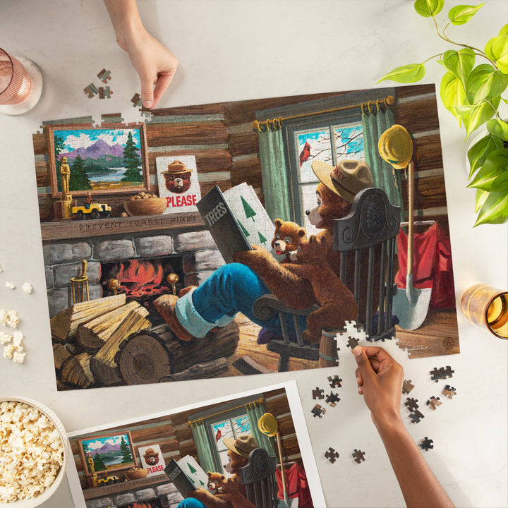 Smokey Bear, Reading Book to Cubs, Officially Licensed Vintage Poster, Jigsaw Puzzle Puzzle Lantern Press