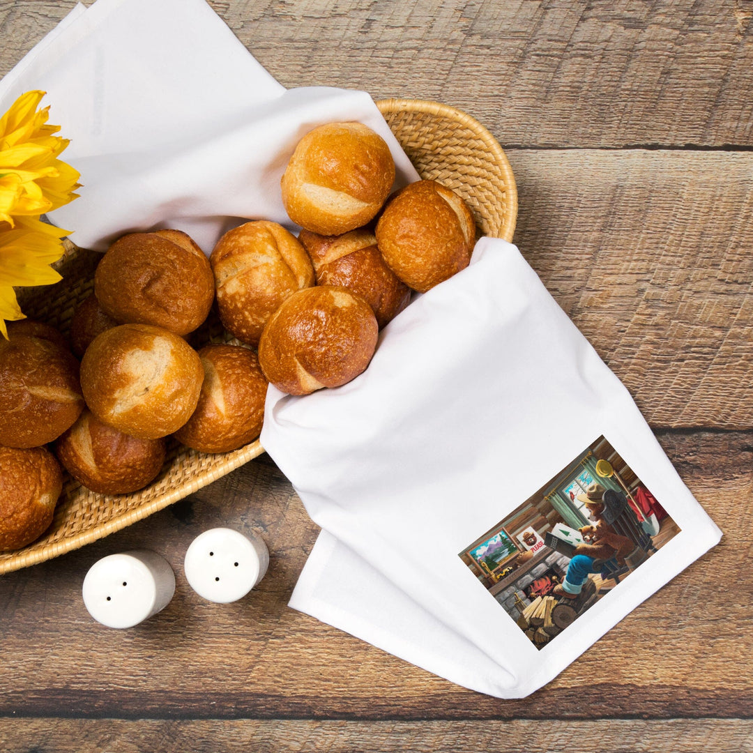 Smokey Bear, Reading Book to Cubs, Officially Licensed Vintage Poster, Organic Cotton Kitchen Tea Towels Kitchen Lantern Press