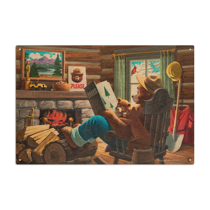 Smokey Bear, Reading Book to Cubs, Vintage Poster, Wood Signs and Postcards Wood Lantern Press 10 x 15 Wood Sign