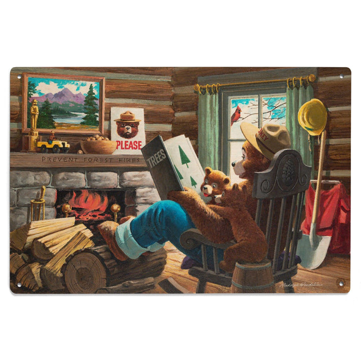 Smokey Bear, Reading Book to Cubs, Vintage Poster, Wood Signs and Postcards Wood Lantern Press