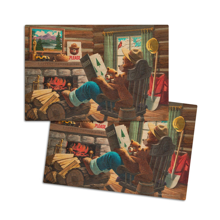 Smokey Bear, Reading Book to Cubs, Vintage Poster, Wood Signs and Postcards Wood Lantern Press 4x6 Wood Postcard Set