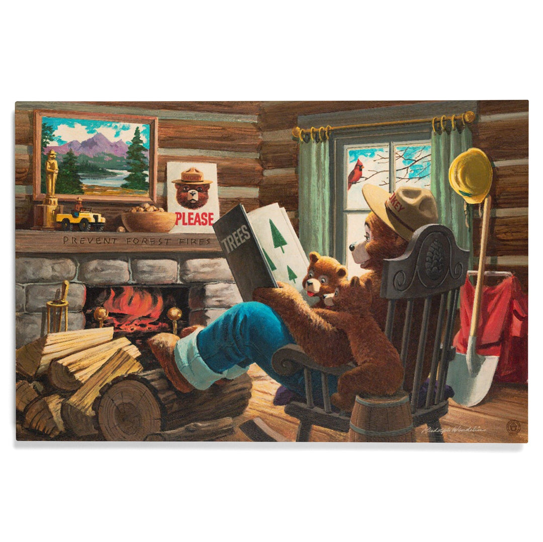 Smokey Bear, Reading Book to Cubs, Vintage Poster, Wood Signs and Postcards Wood Lantern Press