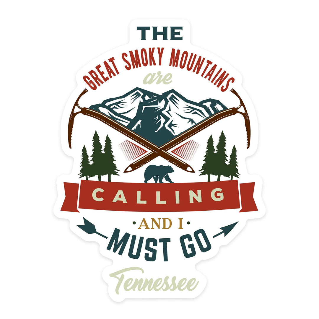 Smoky Mountains, Tennessee, The Mountains are Calling, Bear & Mountains, Contour, Lantern Press Artwork, Vinyl Sticker Sticker Lantern Press