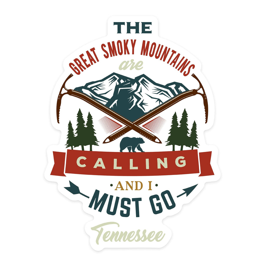 Smoky Mountains, Tennessee, The Mountains are Calling, Bear & Mountains, Contour, Lantern Press Artwork, Vinyl Sticker Sticker Lantern Press