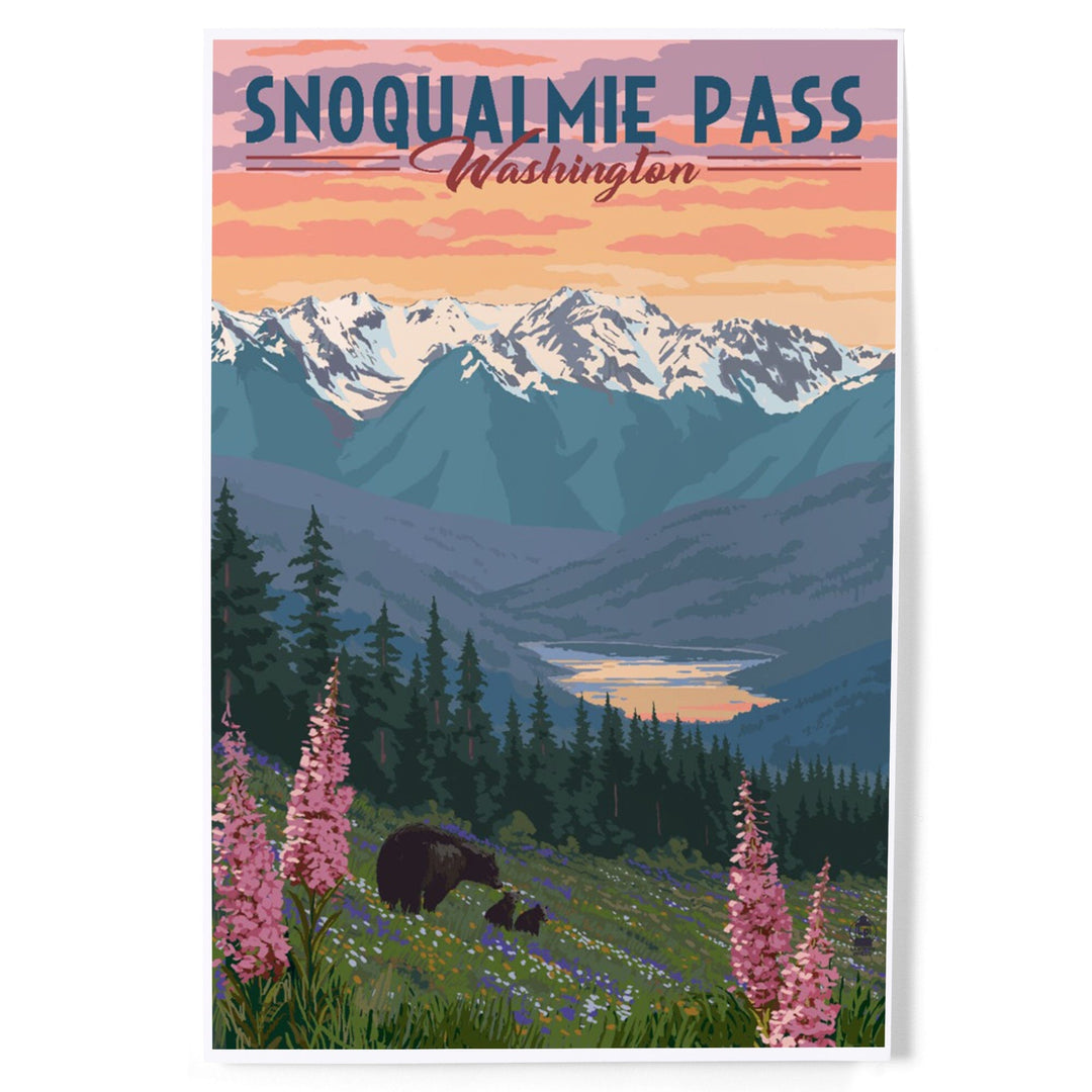 Snoqualmie Pass, Washington, Bear and Spring Flowers, Art & Giclee Prints Art Lantern Press
