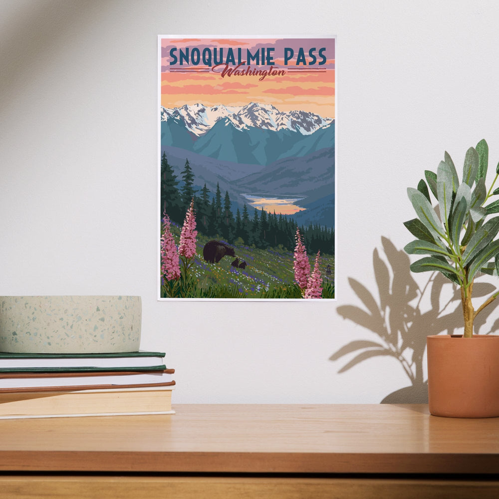 Snoqualmie Pass, Washington, Bear and Spring Flowers, Art & Giclee Prints Art Lantern Press
