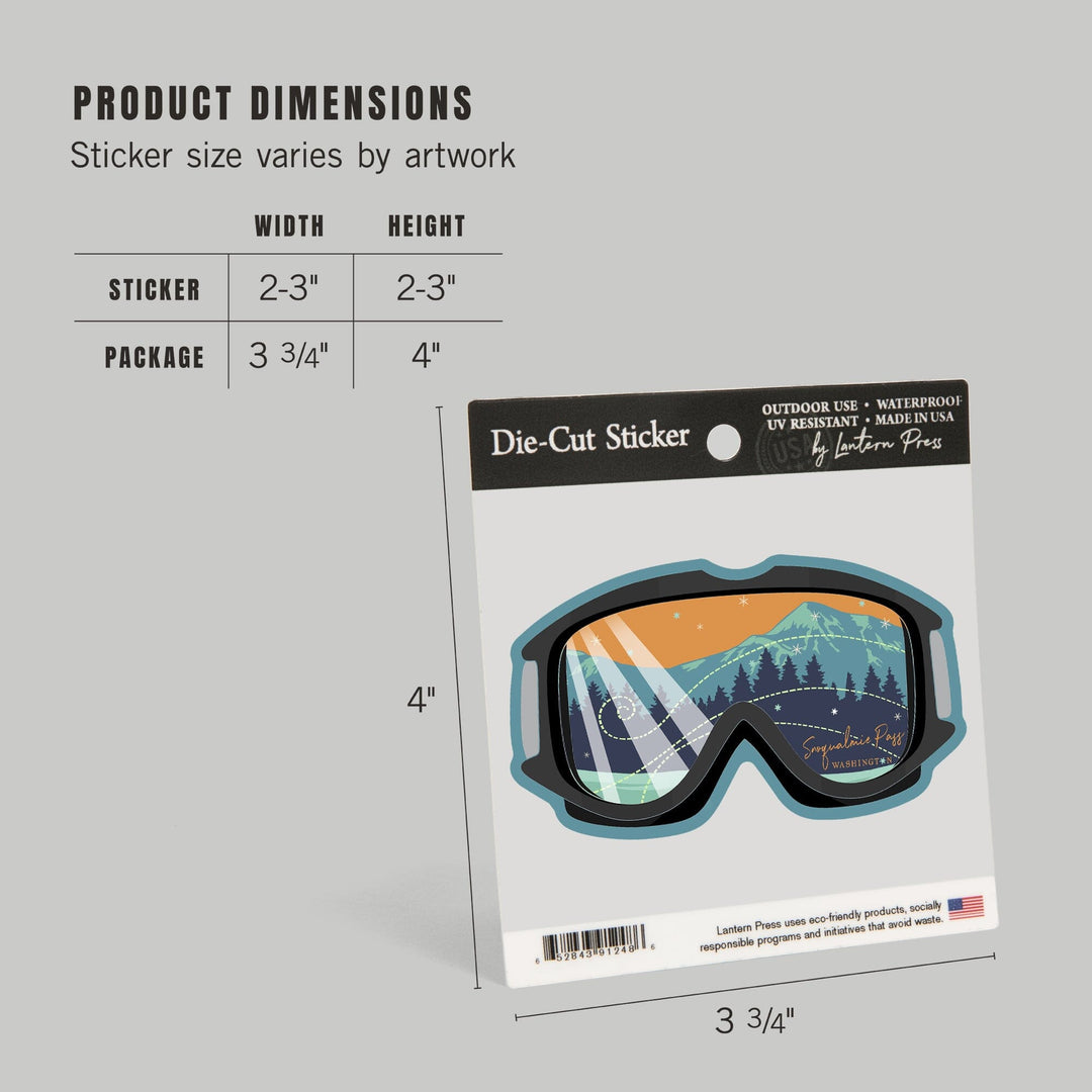 Snoqualmie Pass, Washington, Ski Goggles, Contour, Vinyl Sticker Sticker Lantern Press