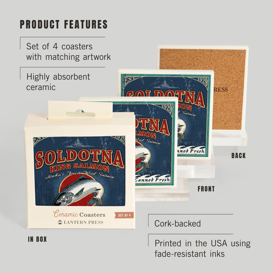 Soldotna, Alaska, Salmon Vintage Sign, Coasters Coasters Lantern Press