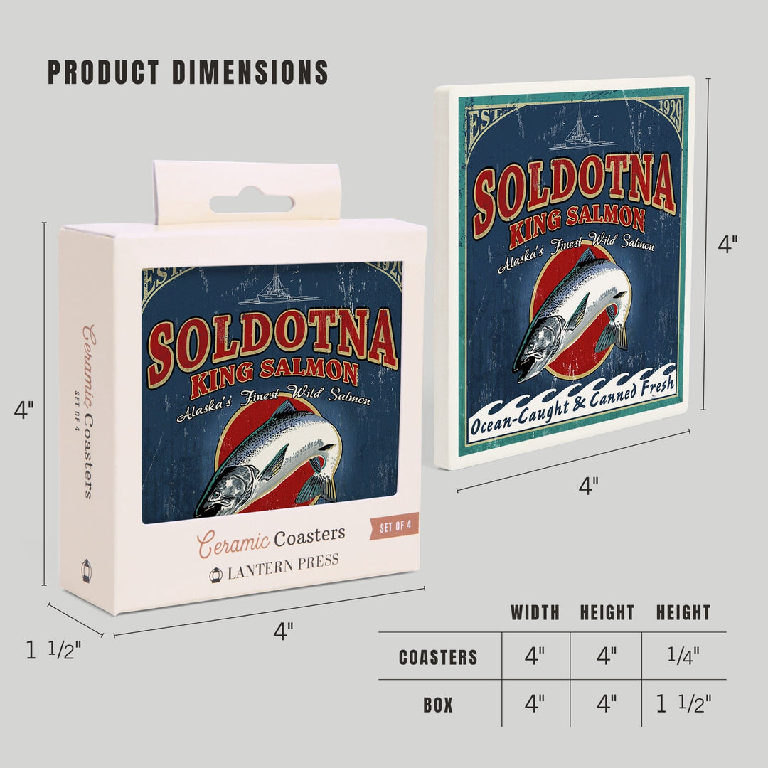 Soldotna, Alaska, Salmon Vintage Sign, Coasters Coasters Lantern Press