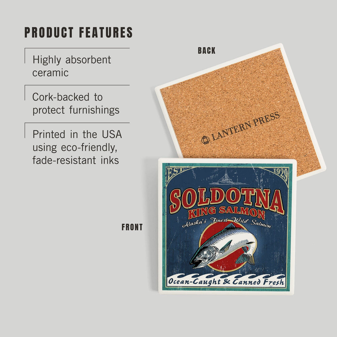 Soldotna, Alaska, Salmon Vintage Sign, Coasters Coasters Lantern Press