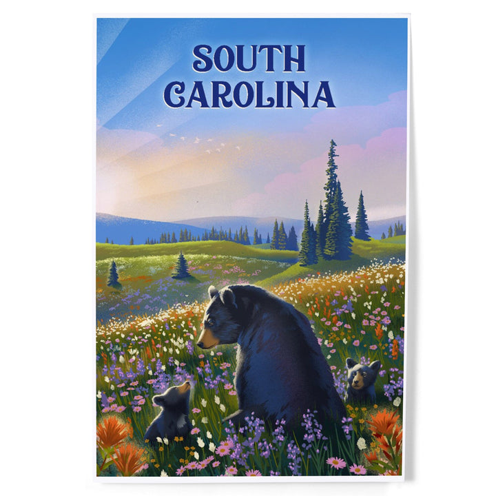 South Carolina, Lithograph, Bear Family in Field, Art & Giclee Prints Art Lantern Press