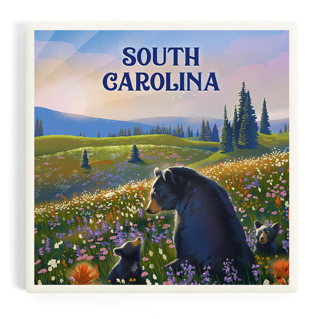 South Carolina, Lithograph, Bear Family in Field, Coasters Coasters Lantern Press