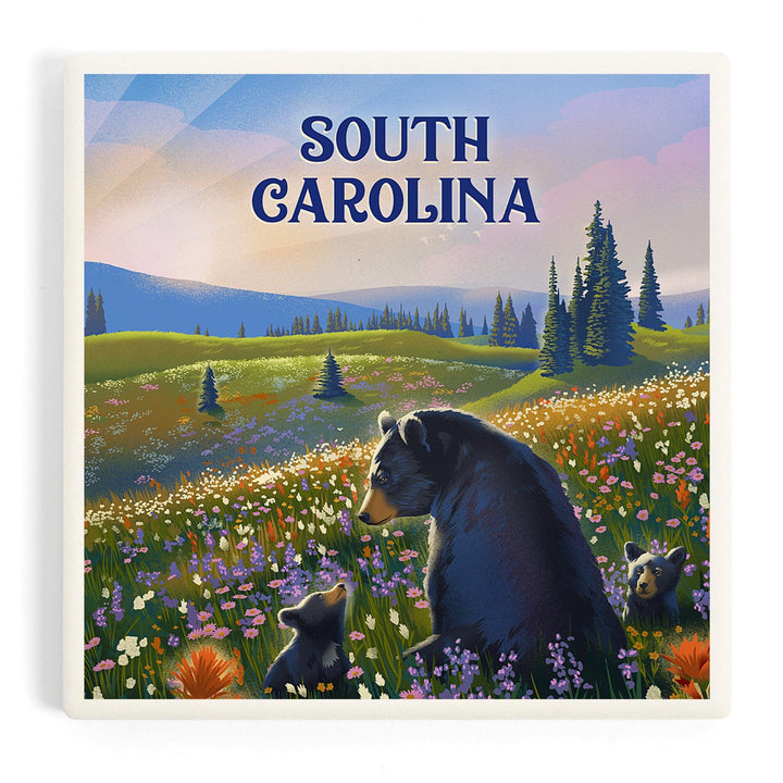 South Carolina, Lithograph, Bear Family in Field, Coasters Coasters Lantern Press