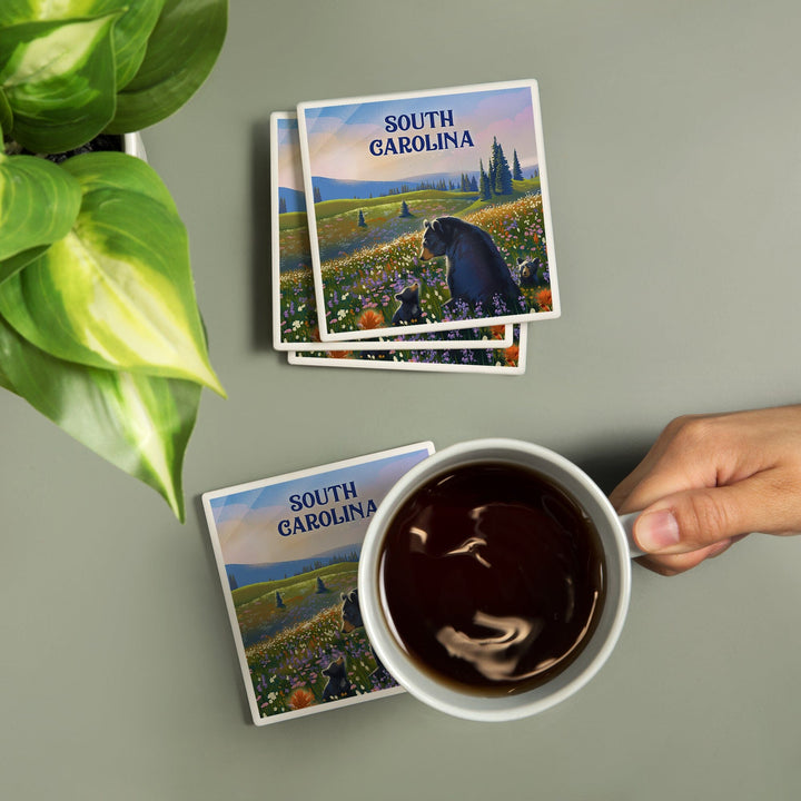 South Carolina, Lithograph, Bear Family in Field, Coasters Coasters Lantern Press