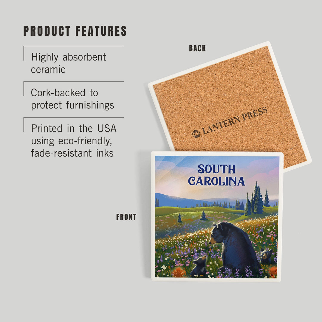 South Carolina, Lithograph, Bear Family in Field, Coasters Coasters Lantern Press