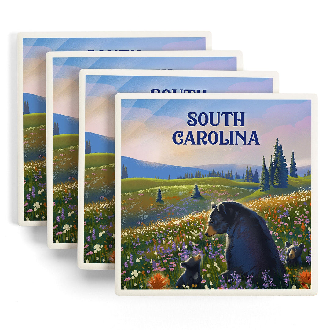 South Carolina, Lithograph, Bear Family in Field, Coasters Coasters Lantern Press